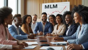 Ein fotorealistisches Bild zeigt eine gemischte Gruppe lächelnder und selbstbewusster Menschen in einem gut beleuchteten, modernen Konferenzraum bei einem produktiven MLM-Meeting. Die Szene soll Teamwork und positives Denken betonen.
